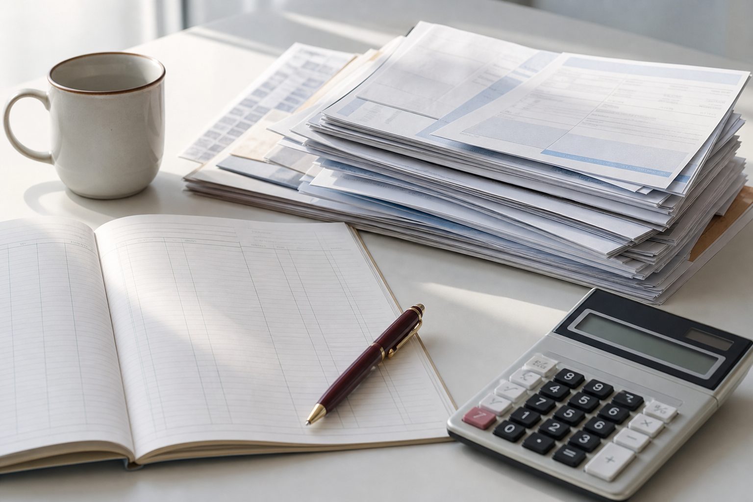 Bank statements, ledger and calculator arranged neatly on a bright white desk