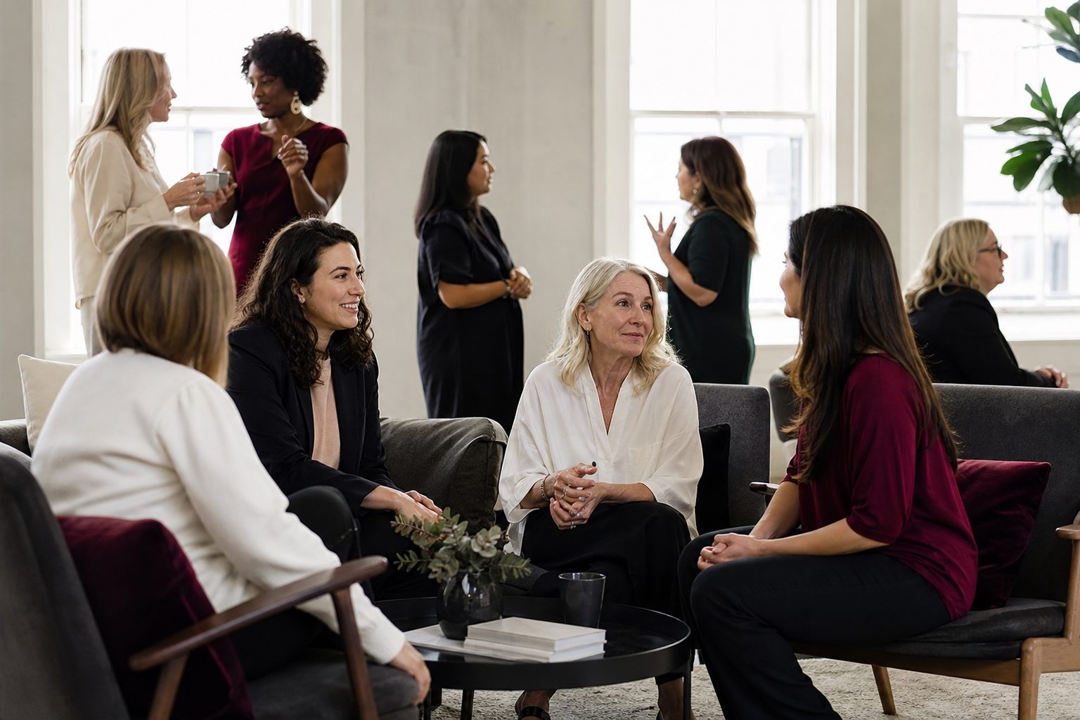 Women of mixed ages talking in small groups in a bright chapter meeting space
