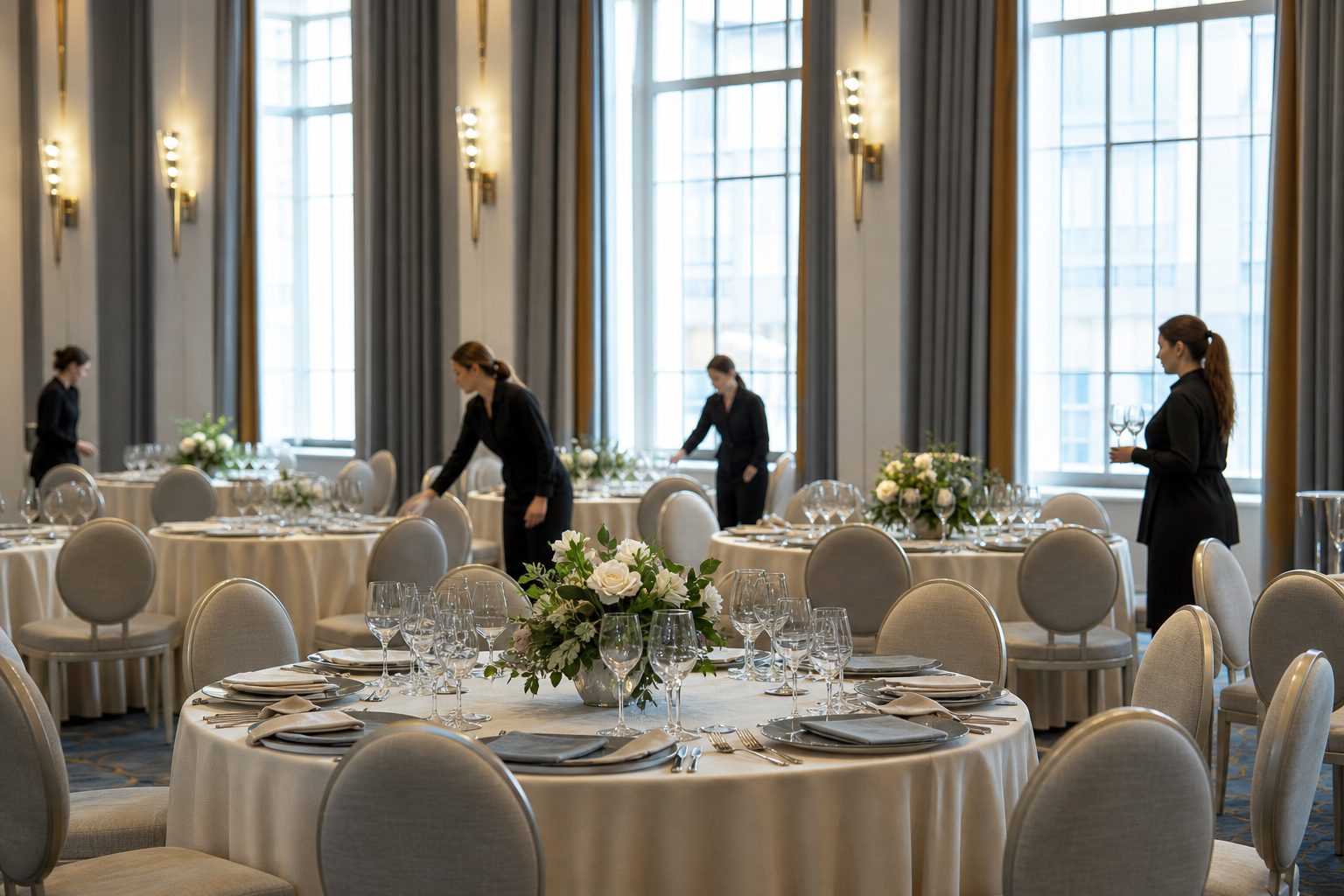 Bright banquet room with ivory linened round tables being set before an event