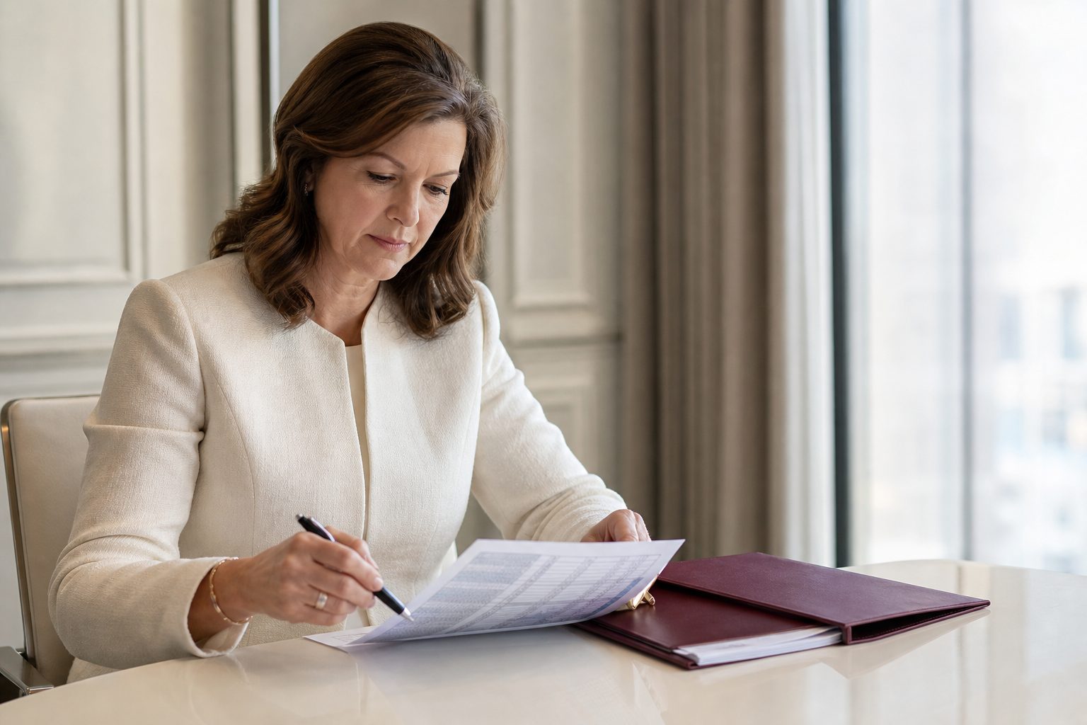Chapter officer reviewing a printed annual dues schedule at a sunlit conference table