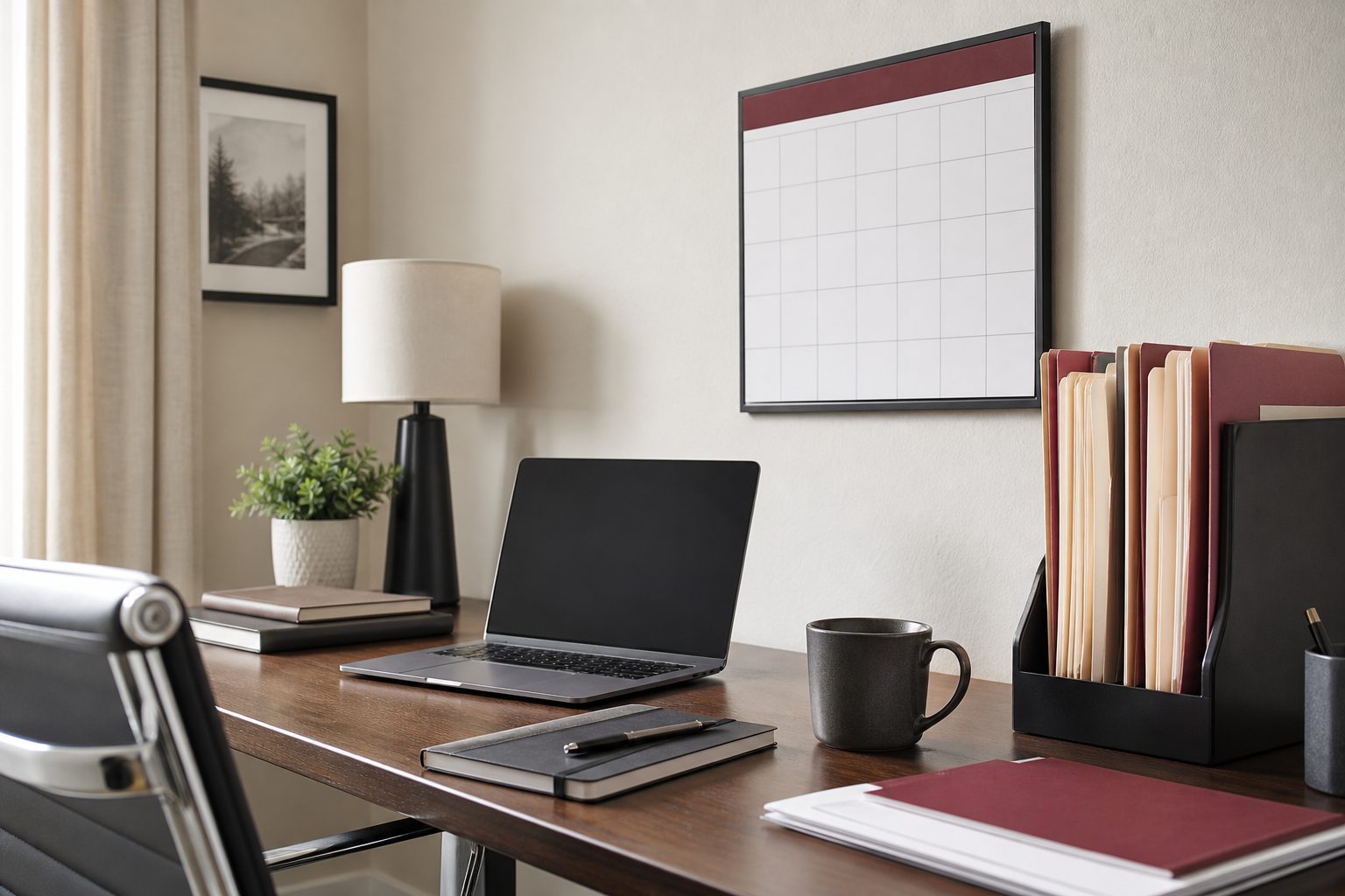 Tidy home office desk with laptop, wall calendar and folders in bright daylight