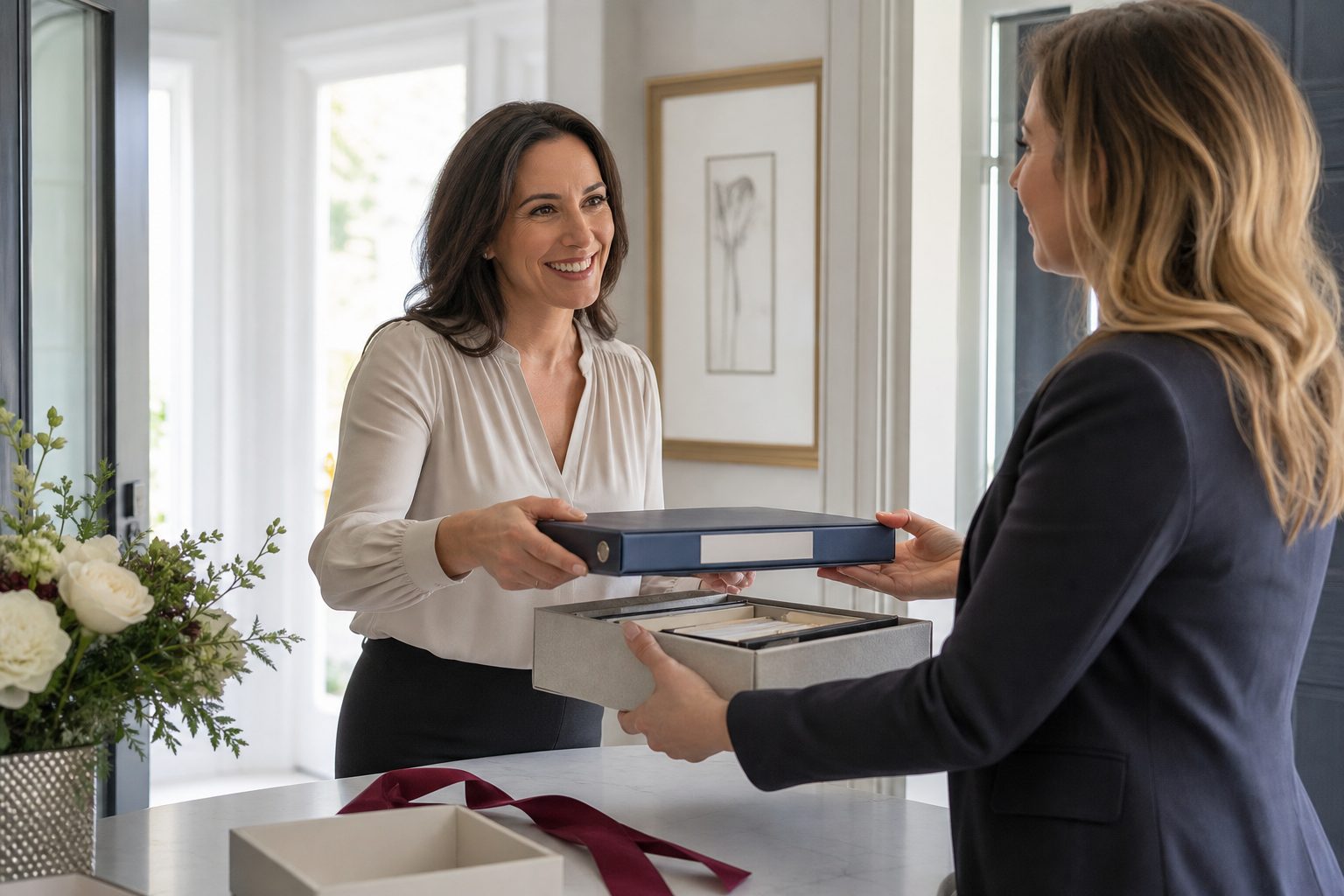 One chapter officer handing a binder and box of files to her successor in bright daylight